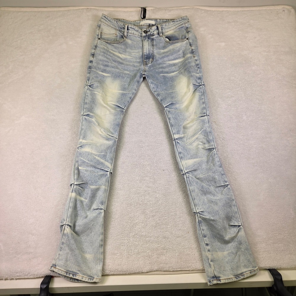 KDNK Mens Stacked Pleated Acid Wash Denim Jeans Light Blue 1141411 Size 36